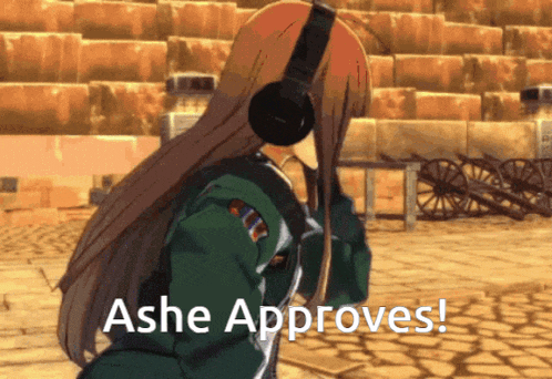 a picture of a girl with headphones and the words ashe approves