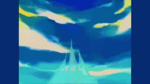 a pixel art painting of a castle in the middle of a blue sky
