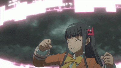 a girl with a red bow in her hair stands in front of a screen that says ' x '