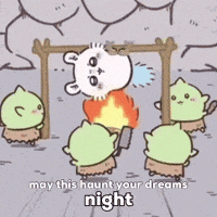 a cartoon of a group of goblins standing around a fire with the words may this haunt your dreams night