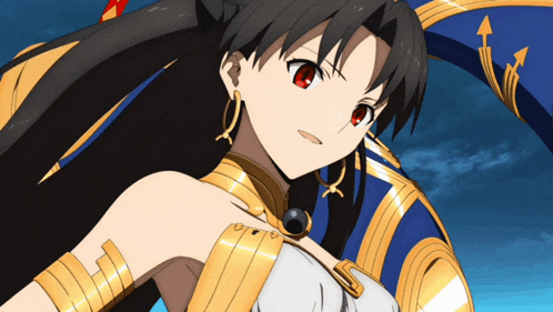 a girl with red eyes is wearing gold jewelry and a white dress