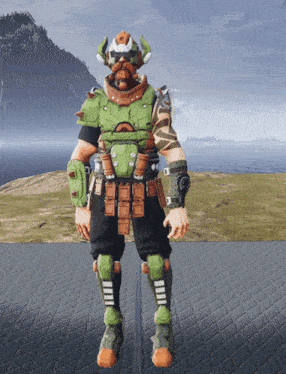 a man with a beard is wearing a green armored outfit