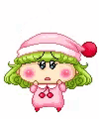 a pixel art of a girl with green hair and a pink hat is holding a blue balloon .