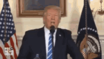a man in a suit and tie is speaking into a microphone in front of american flags