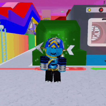 a cartoon character is standing in front of a green building with a red light
