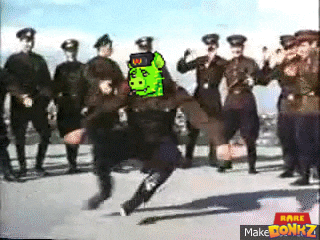 a group of soldiers are dancing with a cartoon character in the middle