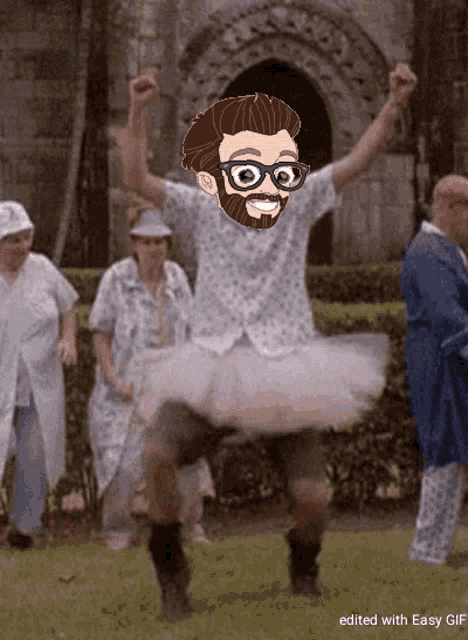 a cartoon of a man wearing a tutu and glasses