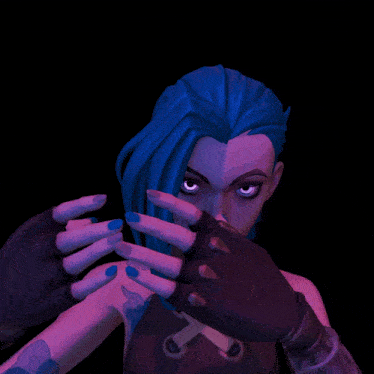 a cartoon character with blue hair and a purple shirt with a cross on it