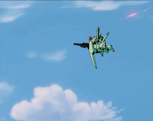 a green and white robot is flying through the air with a huge explosion behind it