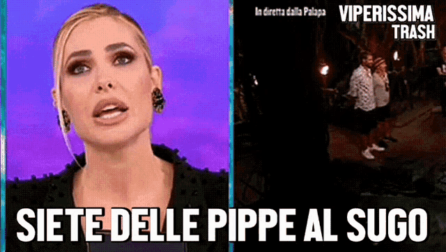 a woman says siete delle pippe al sugo next to a picture of people