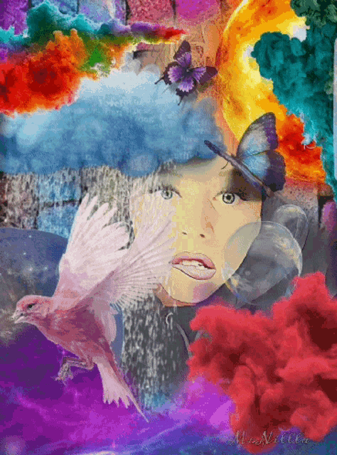 a colorful painting of a woman with a bird and butterflies and the name maria on the bottom right