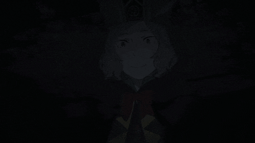 a cartoon character in a dark room with a hat on