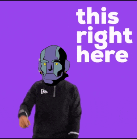 a man in a helmet holds up his hand in front of a purple background that says this right here