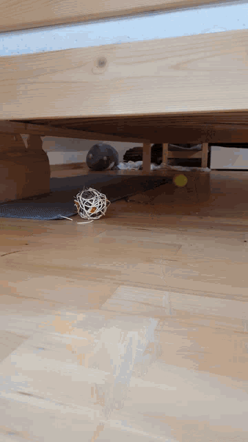 a ball is laying on the floor under a wooden bed