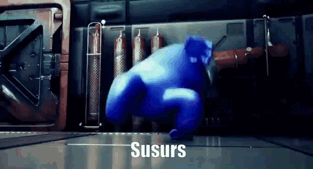 a blue monster is standing in a room with the word susurs on the bottom right
