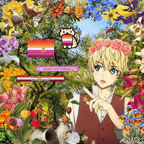 a picture of a boy with a flower crown and the words stupid and lesbian in the corner