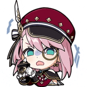 a cartoon of a girl with pink hair and glasses holding a gun .