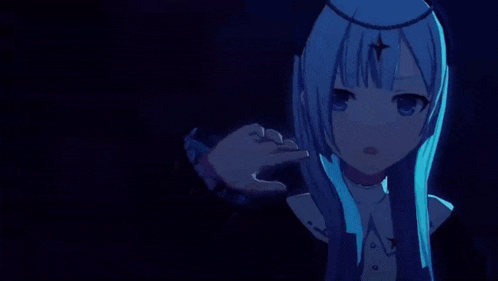 two anime girls are dancing in a dark room .