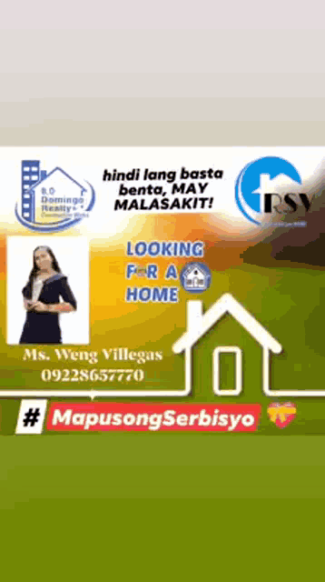 a woman is standing in front of a house with the words looking for a home