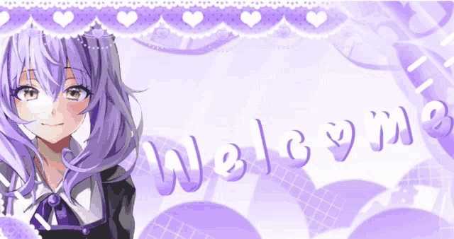 a girl with purple hair is standing in front of a purple background that says welcome