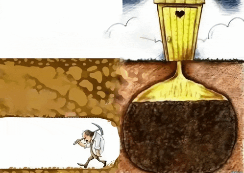a cartoon of a man walking through a hole with a hammer