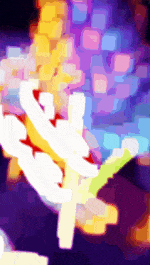 a colorful painting with a purple background and a white flower in the middle