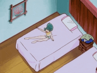 a cartoon of a girl laying on a bed in a bedroom