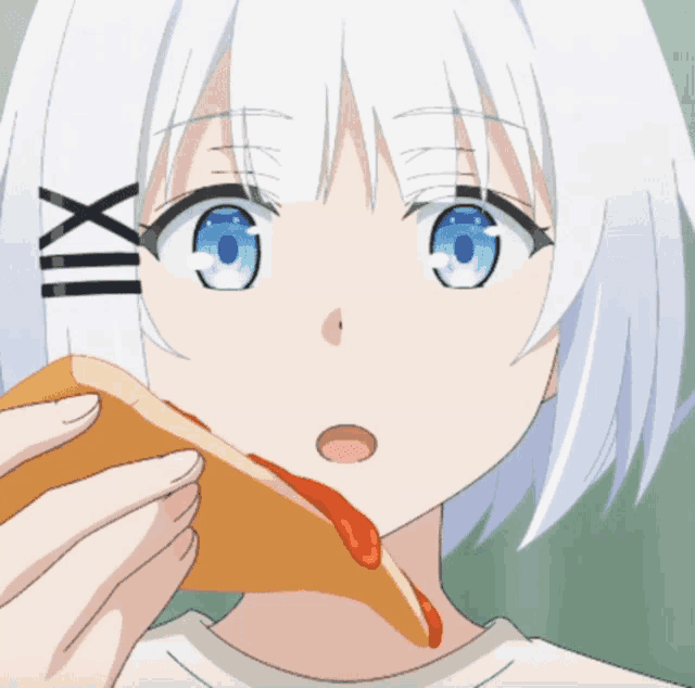 a girl with white hair and blue eyes is holding a piece of pizza