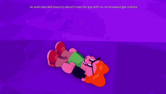 a cartoon character is laying on a purple surface with a purple background