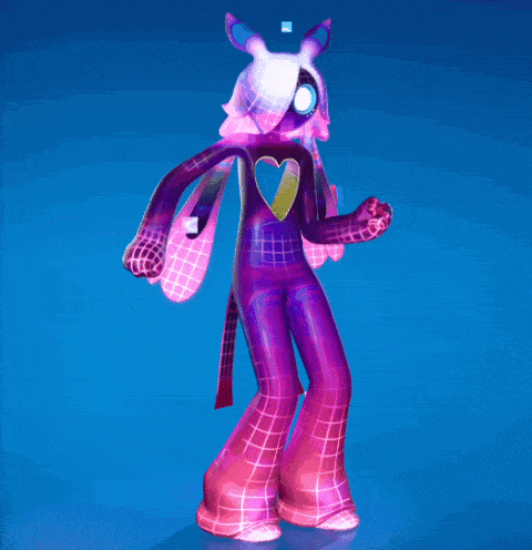 a purple and pink cartoon character with a heart in the chest