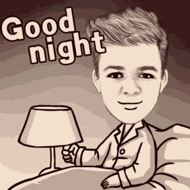 a cartoon of a man in bed holding a lamp with the words good night above him