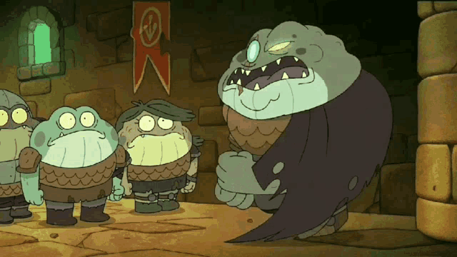 a group of cartoon characters are standing in a room with a banner that says ' s ' on it