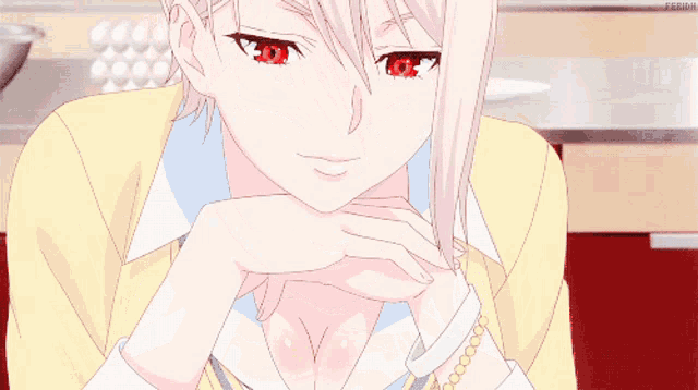 a close up of a girl with red eyes and the hashtag ferum