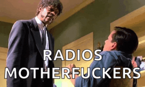two men standing next to each other with the words radios motherfuckers written on the bottom