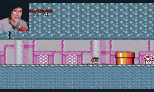 a video game screen shows a man drinking from a red cup and the word mario on the top left