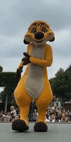 a meerkat mascot is standing on a stage in front of a crowd of people .