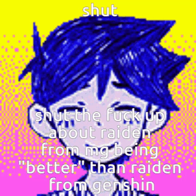 a pixel art drawing of a boy with blue hair and the words shut the fuck up about raiden from me being better than raiden from genshin