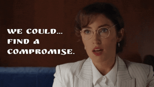 a woman wearing glasses and a white suit has the words we could find a compromise above her