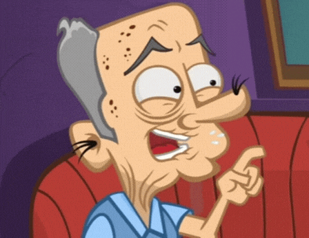 a cartoon drawing of an old man with gray hair pointing his finger