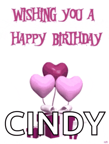 a birthday card for cindy with pink hearts and a gift box