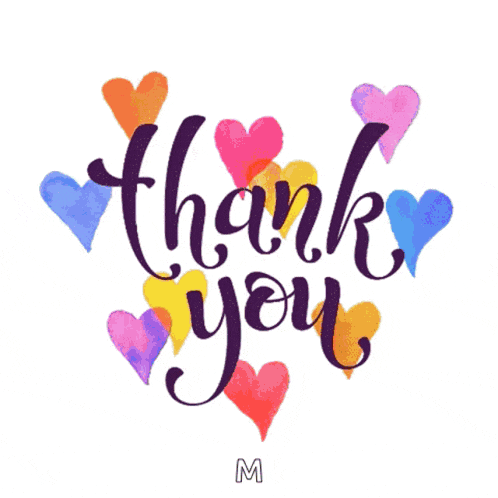 a thank you card with watercolor hearts and the letter m