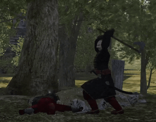 a man in a black coat is standing next to a tree with a sword