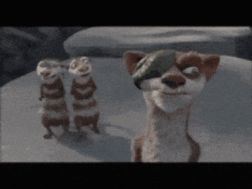 a cartoon character wearing an eye patch is standing next to two meerkats