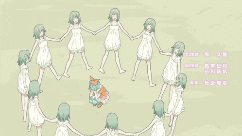 a group of girls holding hands in a circle with chinese writing on the bottom