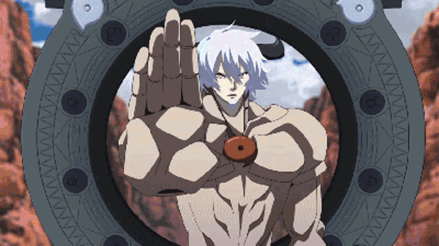 a cartoon of a man with white hair and a necklace with a red circle on it
