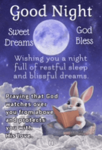a picture of a bunny reading a book with a good night message