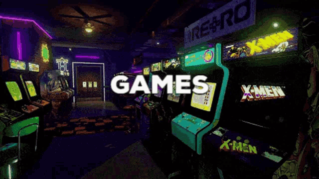 a video game room with a sign that says retro