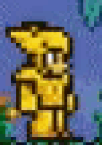 a pixel art of a man in a yellow armor standing in a field .