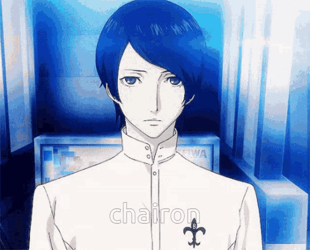 a man with blue hair is wearing a white shirt with the word chairon on it