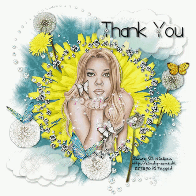 a thank you card with a picture of a woman and dandelions